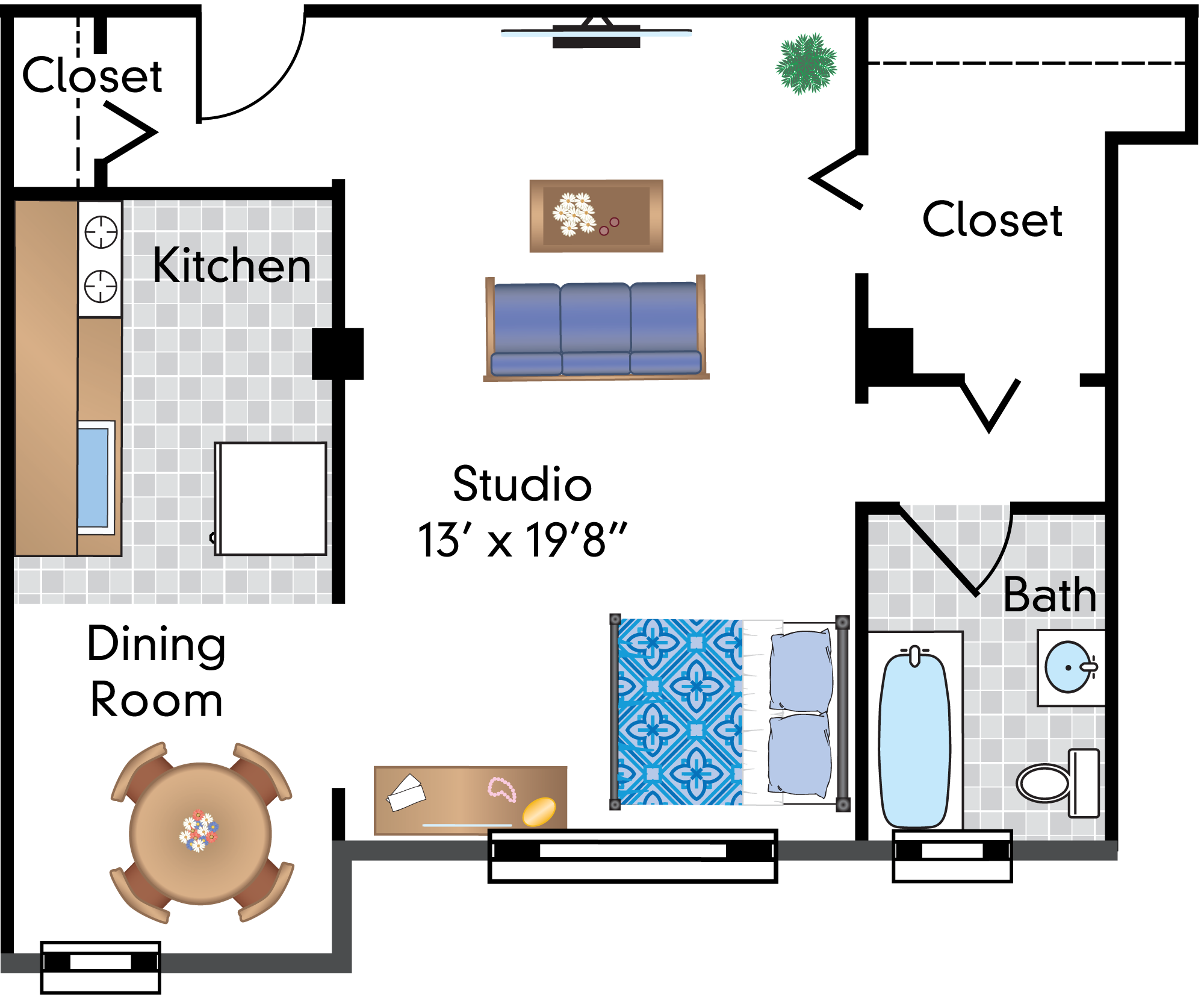 Floor plan for studio, 1 bath, 539 sqft